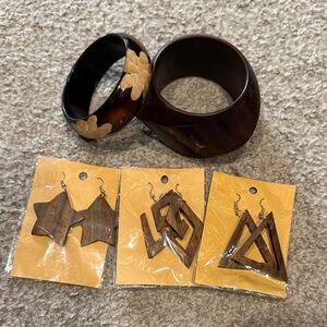 Brown Wooden Bracelet and Earring Set
